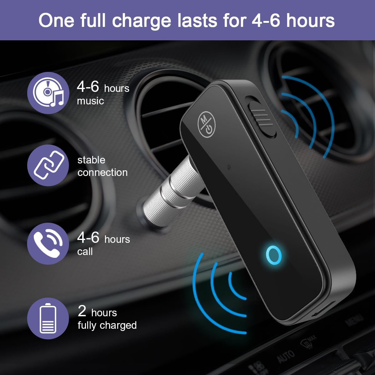 Адаптер AUX Bluetooth за кола, 2 в 1 Bluetooth 5.3 предавател и приемник за хендсфри разговори, с шумопотискане, 3.5mm AUX безжичен приемник за домашна стерео система/слушалки/лесна връзка.