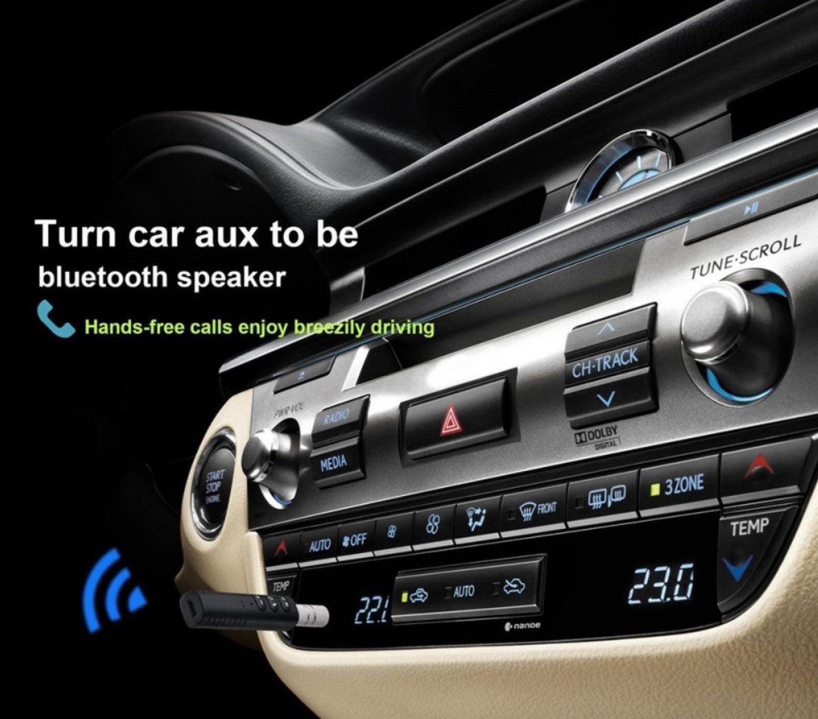 Адаптер AUX Bluetooth за кола, 2 в 1 Bluetooth 5.3 предавател и приемник за хендсфри разговори, с шумопотискане, 3.5mm AUX безжичен приемник за домашна стерео система/слушалки/лесна връзка.